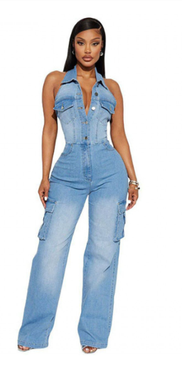Denim Diva Halter Cargo Jumpsuit